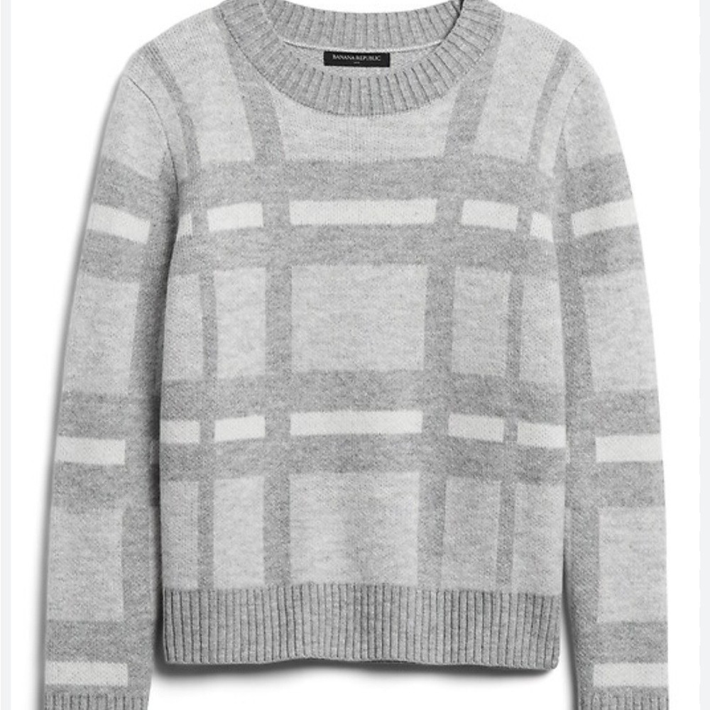 Banana Republic Sweater Womens XL Grey Plaid Crew Neck Knit Pullover Cozy Preppy